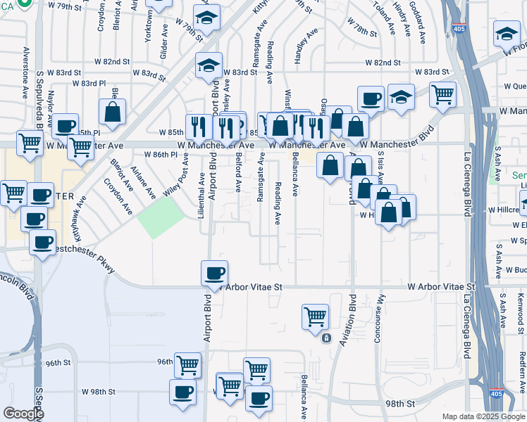 map of restaurants, bars, coffee shops, grocery stores, and more near 8827 Ramsgate Avenue in Los Angeles