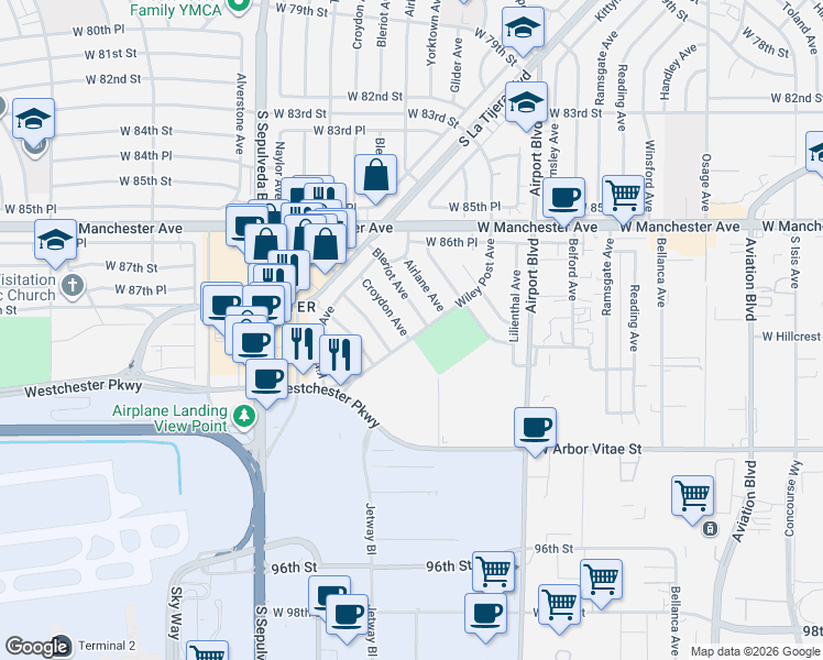 map of restaurants, bars, coffee shops, grocery stores, and more near 8807 Bleriot Avenue in Los Angeles