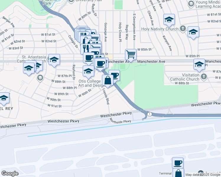 map of restaurants, bars, coffee shops, grocery stores, and more near 9025 Lincoln Boulevard in Los Angeles
