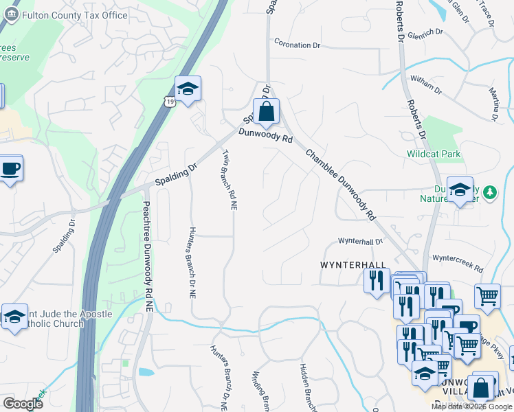 map of restaurants, bars, coffee shops, grocery stores, and more near 7399 Twin Branch Road Northeast in Atlanta