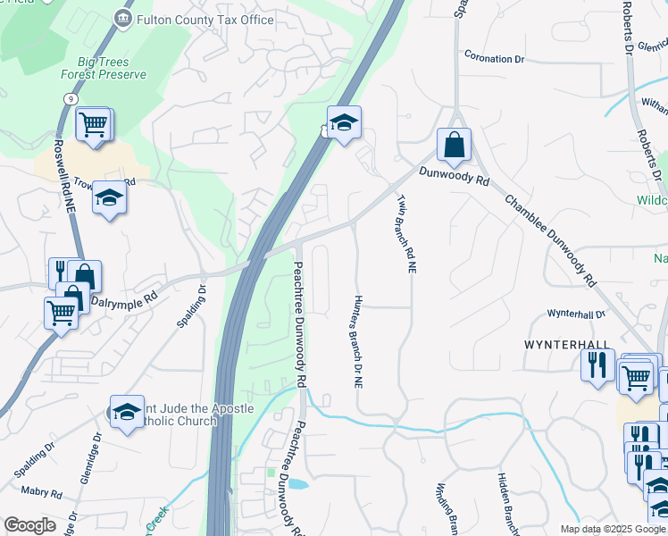 map of restaurants, bars, coffee shops, grocery stores, and more near 450 Wembley Circle in Atlanta