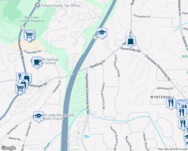map of restaurants, bars, coffee shops, grocery stores, and more near 395 Wembley Circle in Atlanta