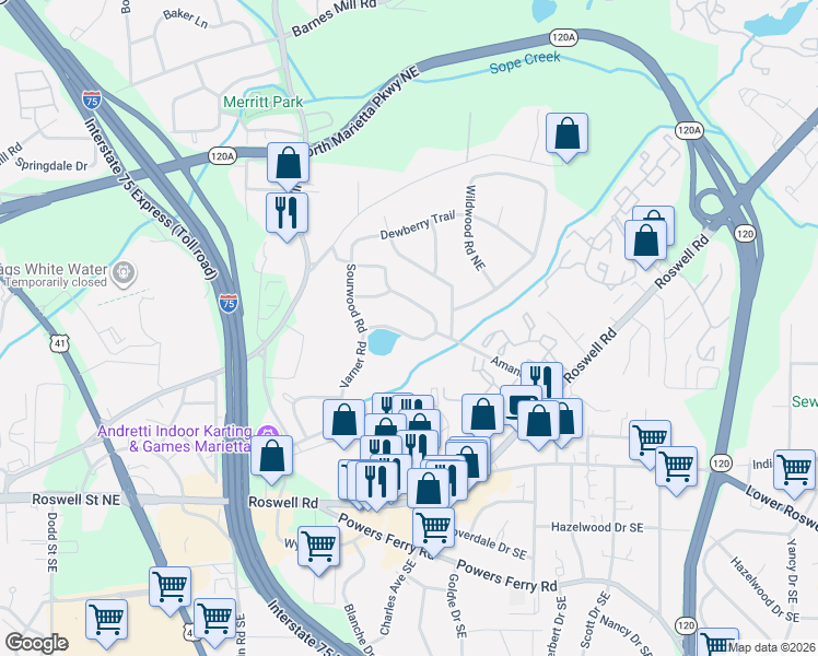 map of restaurants, bars, coffee shops, grocery stores, and more near 245 Stoneybrook Drive in Marietta