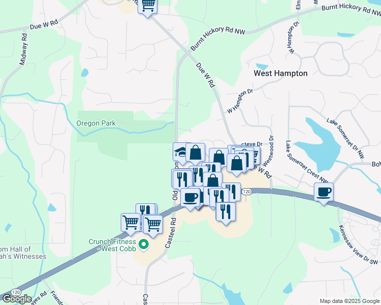 map of restaurants, bars, coffee shops, grocery stores, and more near 3744 Misty Wood Drive North West in Marietta