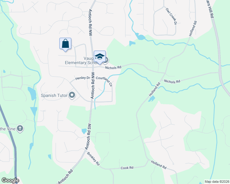 map of restaurants, bars, coffee shops, grocery stores, and more near 124 Courtland Circle in Powder Springs