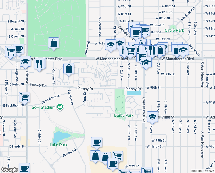 map of restaurants, bars, coffee shops, grocery stores, and more near 3500 West Manchester Boulevard in Inglewood