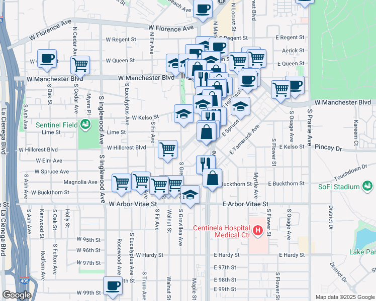 map of restaurants, bars, coffee shops, grocery stores, and more near 110 East Hillcrest Boulevard in Inglewood