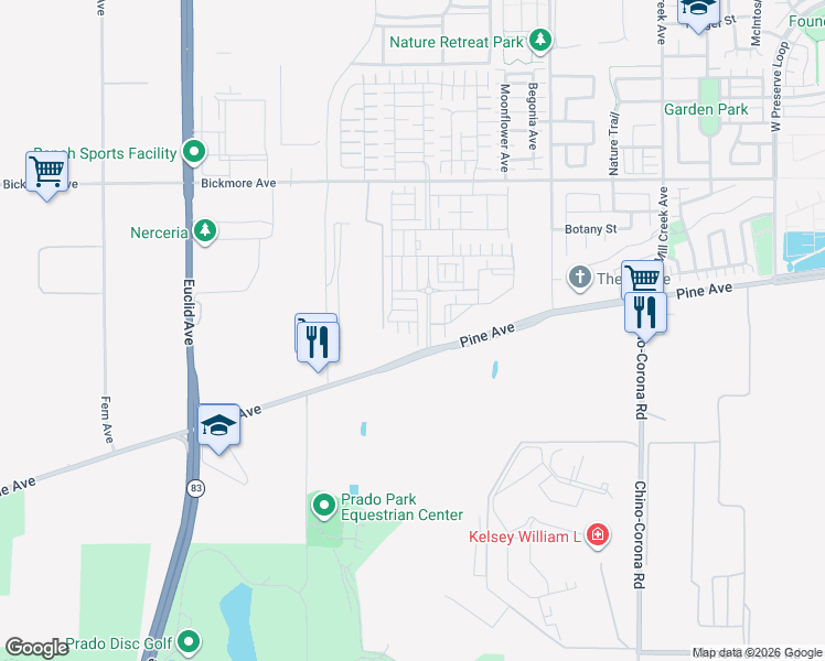 map of restaurants, bars, coffee shops, grocery stores, and more near 7457 Armeria Lane in Chino