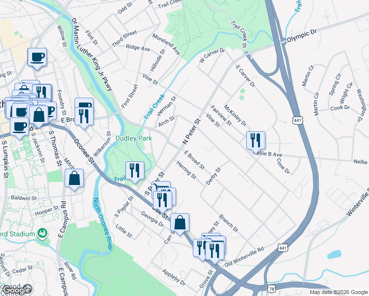 map of restaurants, bars, coffee shops, grocery stores, and more near 137 North Peter Street in Athens