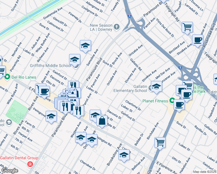 map of restaurants, bars, coffee shops, grocery stores, and more near 9624 Orizaba Avenue in Downey