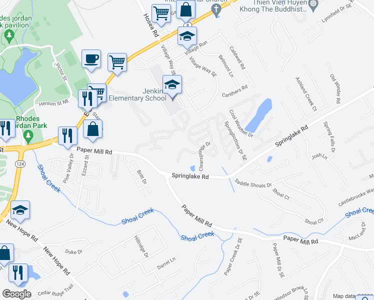 map of restaurants, bars, coffee shops, grocery stores, and more near 145 Spring Walk Way in Lawrenceville