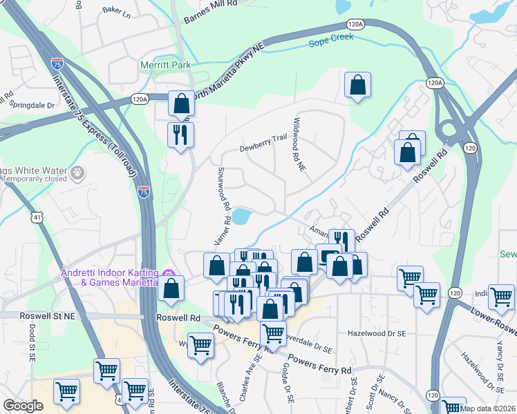 map of restaurants, bars, coffee shops, grocery stores, and more near 245 Stoneybrook Drive in Marietta