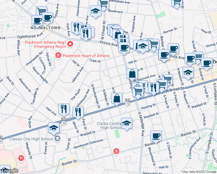 map of restaurants, bars, coffee shops, grocery stores, and more near 1140 West Hancock Avenue in Athens