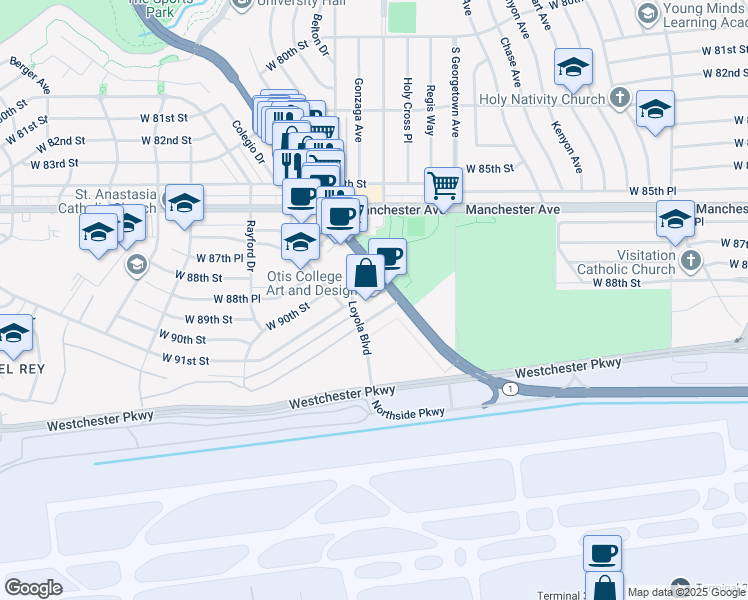 map of restaurants, bars, coffee shops, grocery stores, and more near 9025 Lincoln Boulevard in Los Angeles