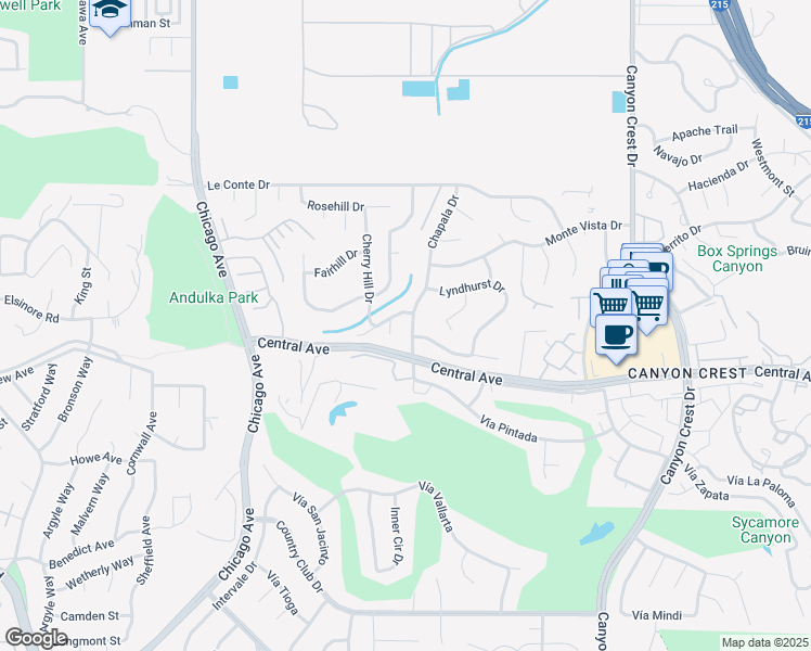 map of restaurants, bars, coffee shops, grocery stores, and more near 5175 Chapala Drive in Riverside