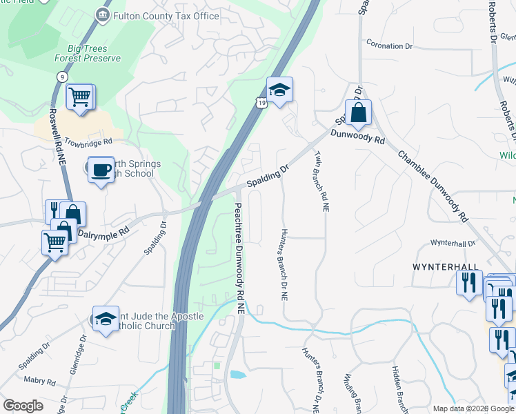 map of restaurants, bars, coffee shops, grocery stores, and more near 395 Wembley Circle in Atlanta