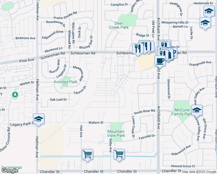 map of restaurants, bars, coffee shops, grocery stores, and more near 14533 Narcisse Drive in Corona