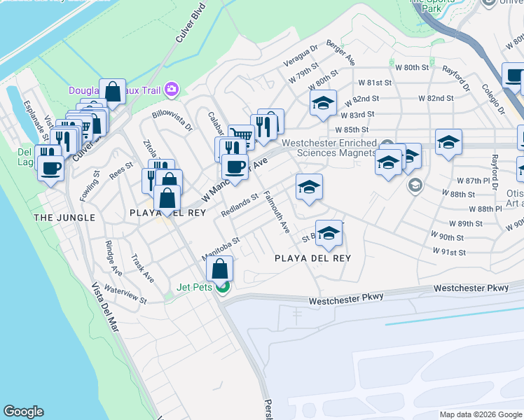 map of restaurants, bars, coffee shops, grocery stores, and more near 8120 Redlands Street in Los Angeles