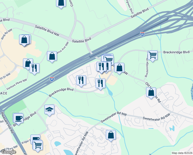 map of restaurants, bars, coffee shops, grocery stores, and more near 3092 Briaroak Drive in Duluth