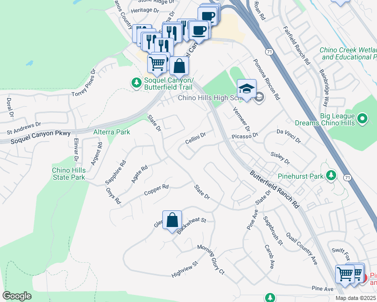 map of restaurants, bars, coffee shops, grocery stores, and more near 16370 Oldenburg Drive in Chino Hills