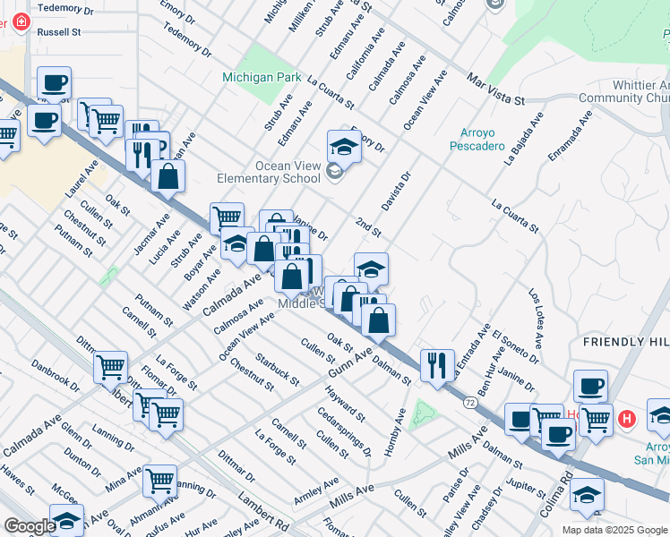 map of restaurants, bars, coffee shops, grocery stores, and more near 14323 Christine Drive in Whittier