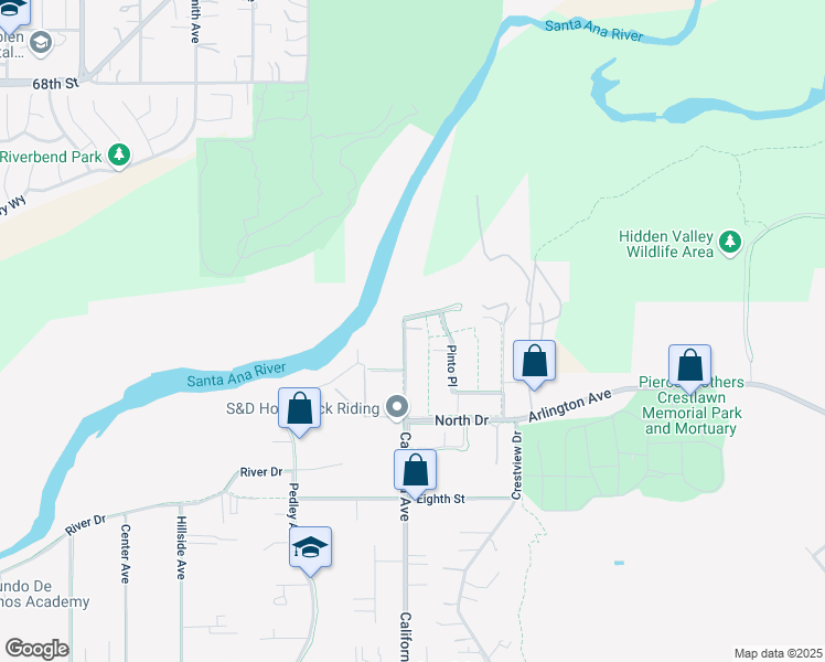 map of restaurants, bars, coffee shops, grocery stores, and more near 5187 California Avenue in Norco