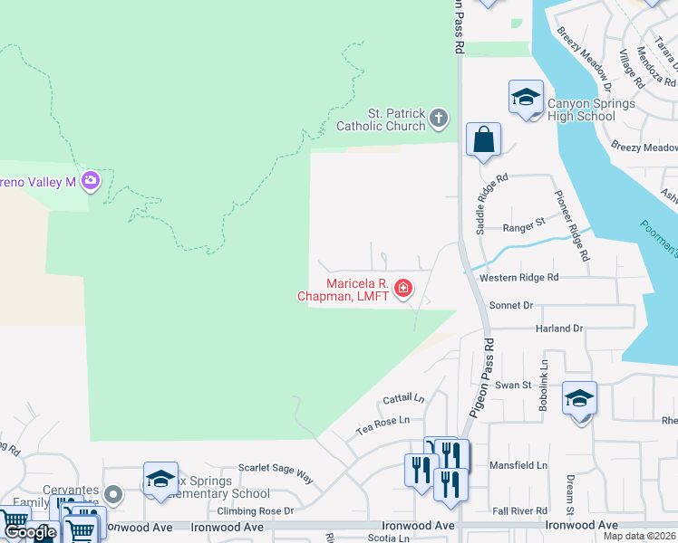 map of restaurants, bars, coffee shops, grocery stores, and more near Squab Road in Moreno Valley