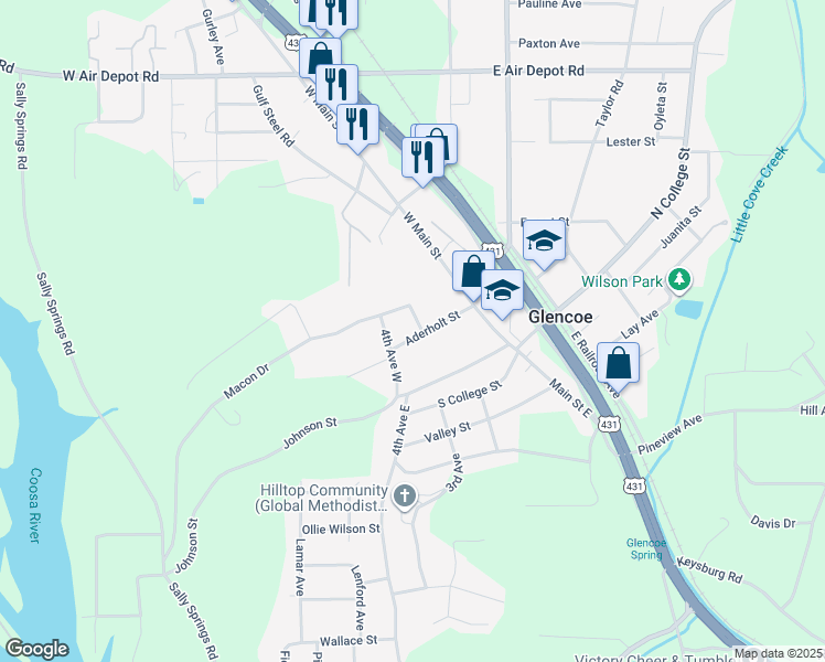 map of restaurants, bars, coffee shops, grocery stores, and more near 204 Macon Drive in Gadsden