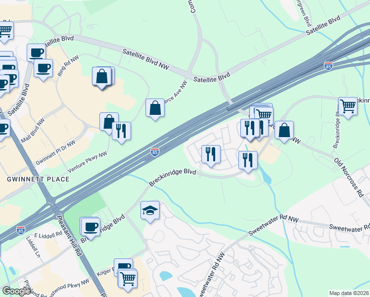 map of restaurants, bars, coffee shops, grocery stores, and more near 2114 Executive Drive in Duluth
