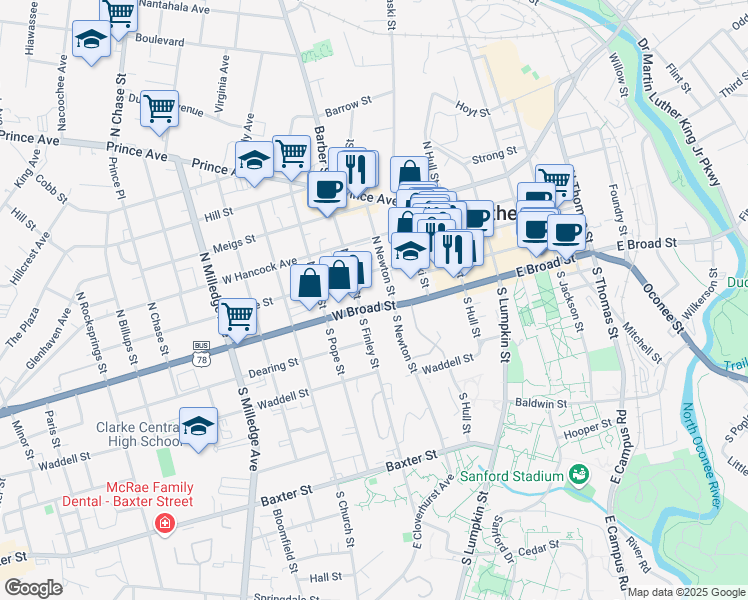 map of restaurants, bars, coffee shops, grocery stores, and more near 157 North Newton Street in Athens