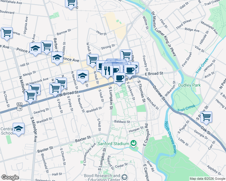 map of restaurants, bars, coffee shops, grocery stores, and more near 106 Herty Drive in Athens