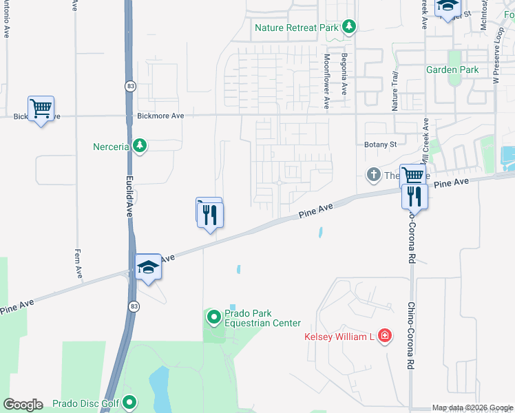 map of restaurants, bars, coffee shops, grocery stores, and more near 7423 Armeria Lane in Chino