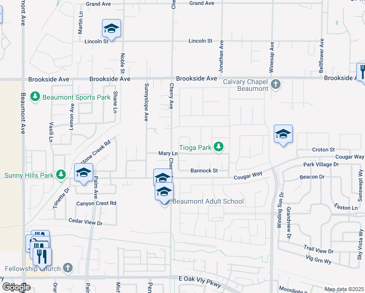 map of restaurants, bars, coffee shops, grocery stores, and more near 11285 Cherry Avenue in Cherry Valley