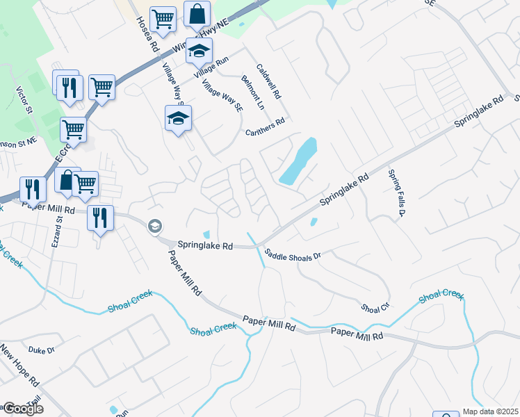 map of restaurants, bars, coffee shops, grocery stores, and more near 432 Village Bluff Drive in Lawrenceville