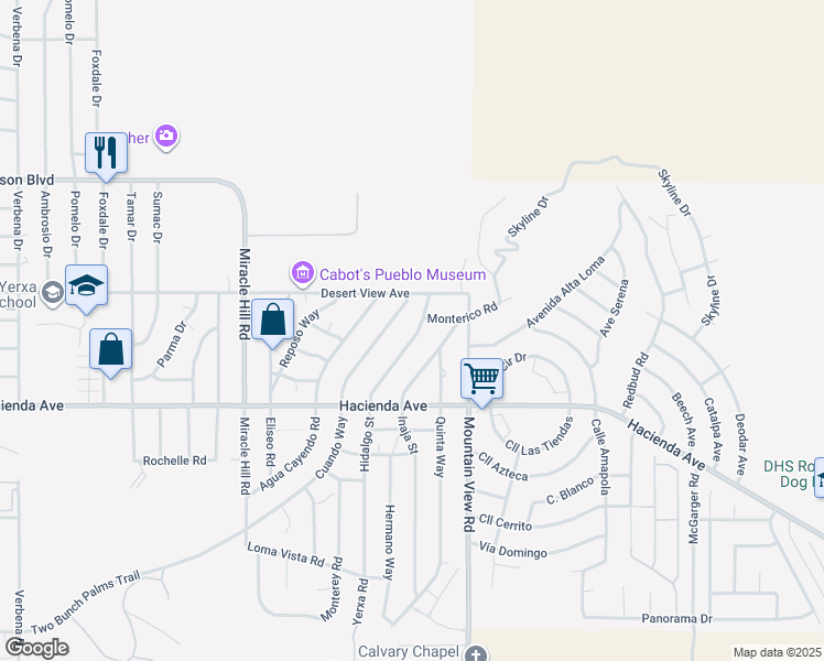 map of restaurants, bars, coffee shops, grocery stores, and more near 12657 Hidalgo Street in Desert Hot Springs
