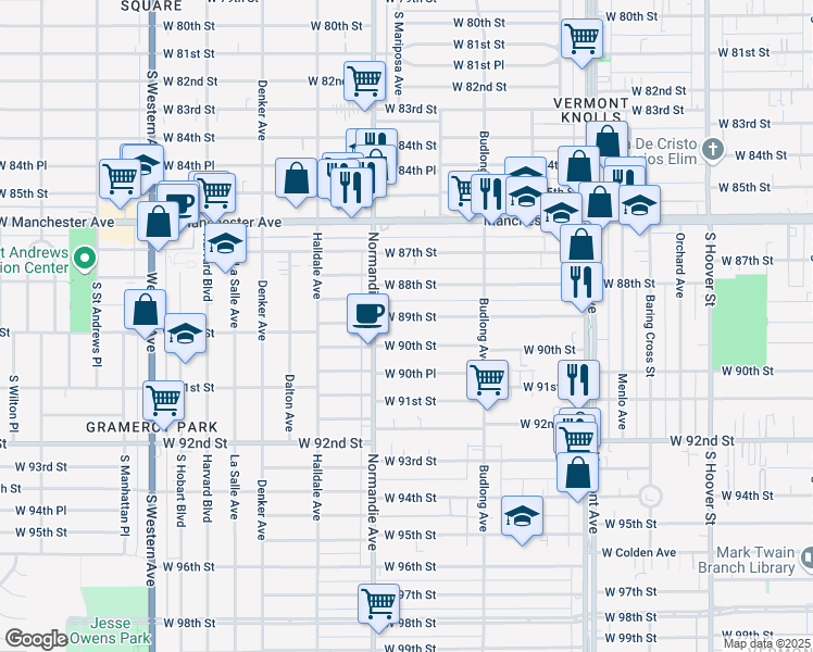 map of restaurants, bars, coffee shops, grocery stores, and more near 1323 West 89th Street in Los Angeles
