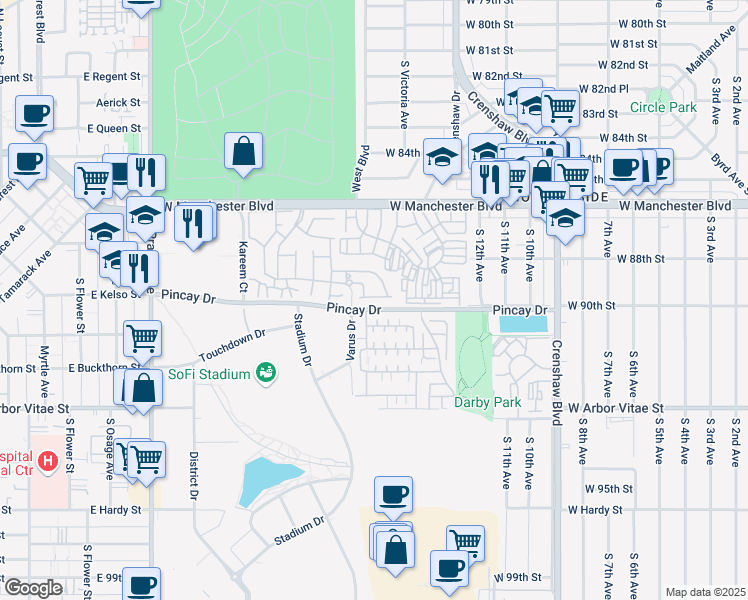 map of restaurants, bars, coffee shops, grocery stores, and more near 8813 Glendover Way in Inglewood
