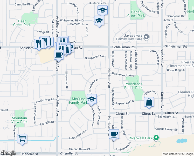 map of restaurants, bars, coffee shops, grocery stores, and more near 7201 Citrus Valley Avenue in Corona
