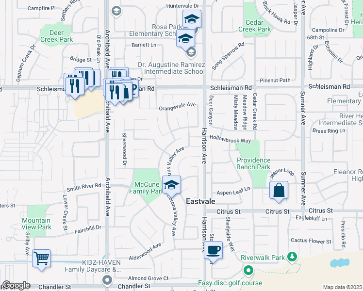 map of restaurants, bars, coffee shops, grocery stores, and more near 7201 Citrus Valley Avenue in Corona