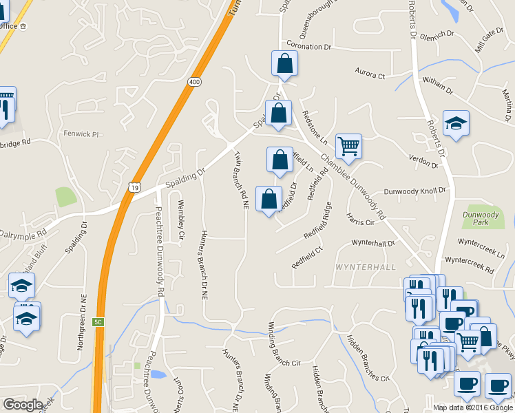 map of restaurants, bars, coffee shops, grocery stores, and more near 7385 Twin Branch Road Northeast in Atlanta
