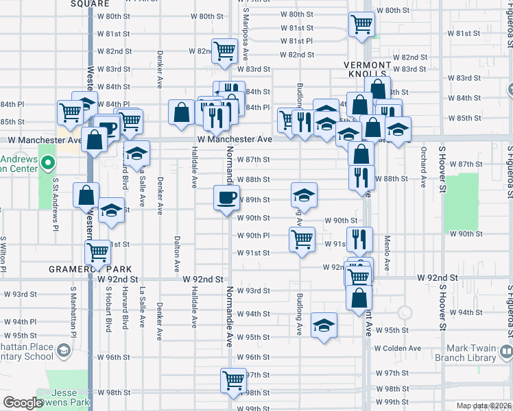map of restaurants, bars, coffee shops, grocery stores, and more near 1323 West 89th Street in Los Angeles