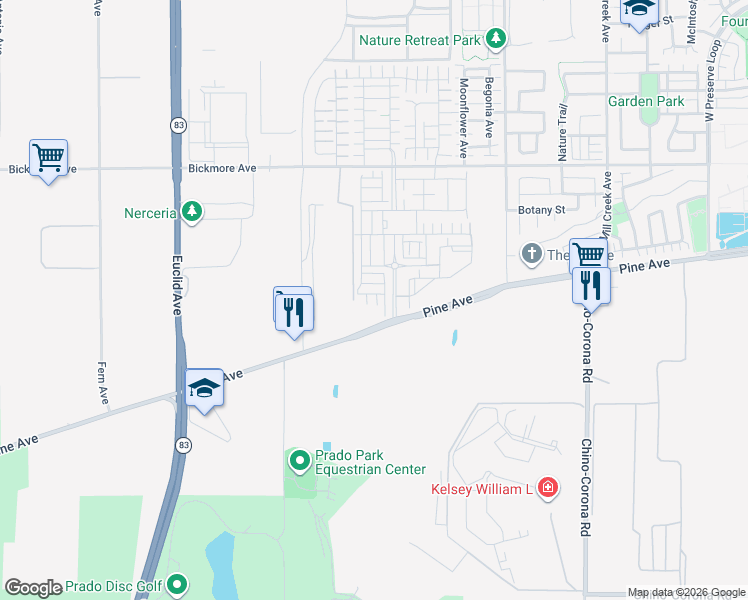 map of restaurants, bars, coffee shops, grocery stores, and more near 7443 Armeria Lane in Chino