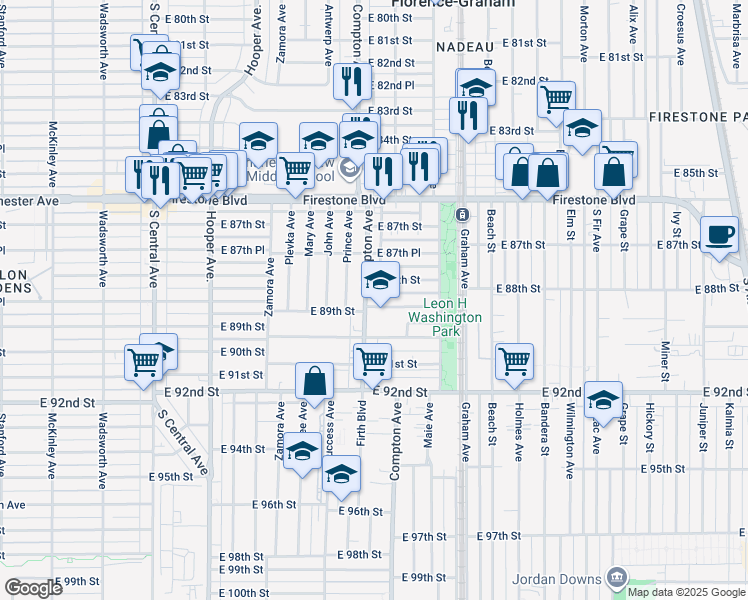 map of restaurants, bars, coffee shops, grocery stores, and more near 8820 Compton Avenue in Los Angeles