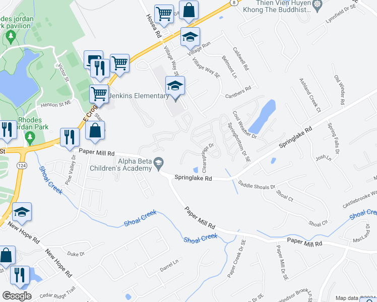 map of restaurants, bars, coffee shops, grocery stores, and more near 136 Spring Walk Way in Lawrenceville
