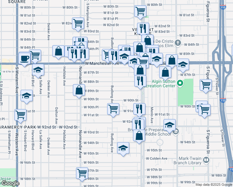 map of restaurants, bars, coffee shops, grocery stores, and more near 1140 West 89th Street in Los Angeles