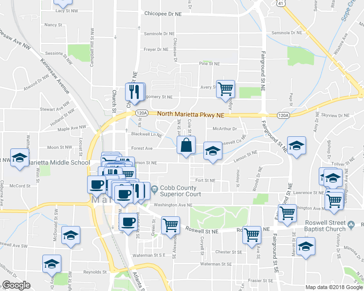 map of restaurants, bars, coffee shops, grocery stores, and more near 220 Hunt Street Northeast in Marietta