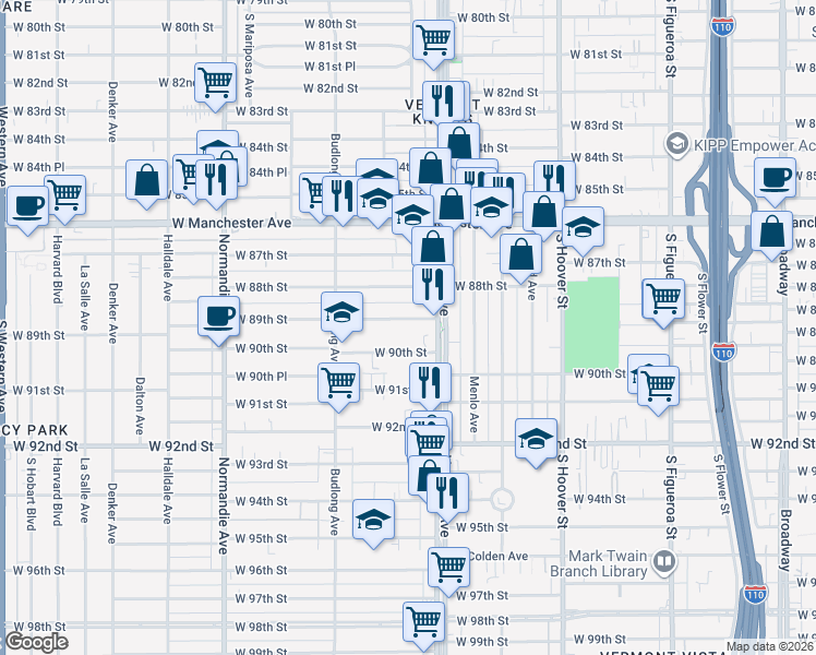 map of restaurants, bars, coffee shops, grocery stores, and more near 1030 West 89th Street in Los Angeles