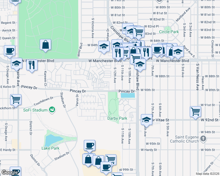 map of restaurants, bars, coffee shops, grocery stores, and more near 3500 West Manchester Boulevard in Inglewood