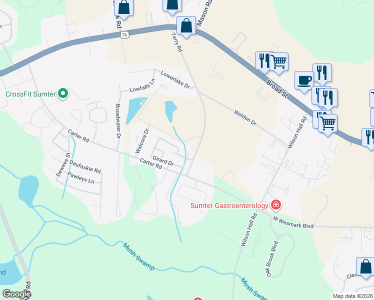 map of restaurants, bars, coffee shops, grocery stores, and more near 3186 Girard Drive in Sumter