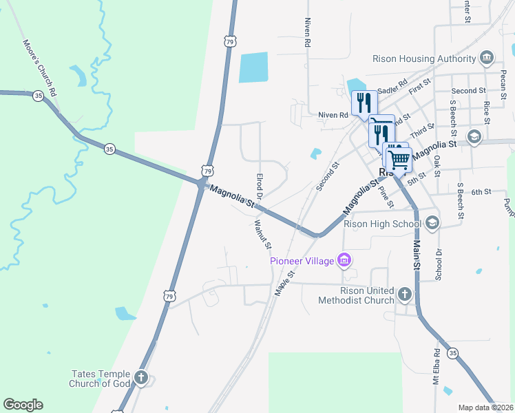 map of restaurants, bars, coffee shops, grocery stores, and more near Magnolia Street in Rison